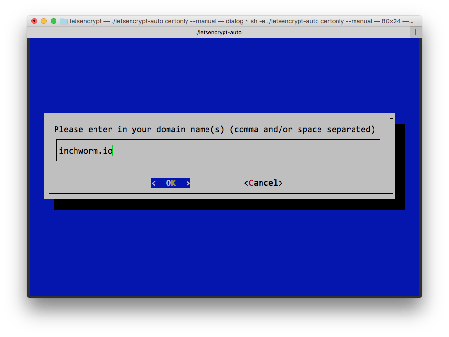 Screen shot from Terminal during the Let's Encrypt process